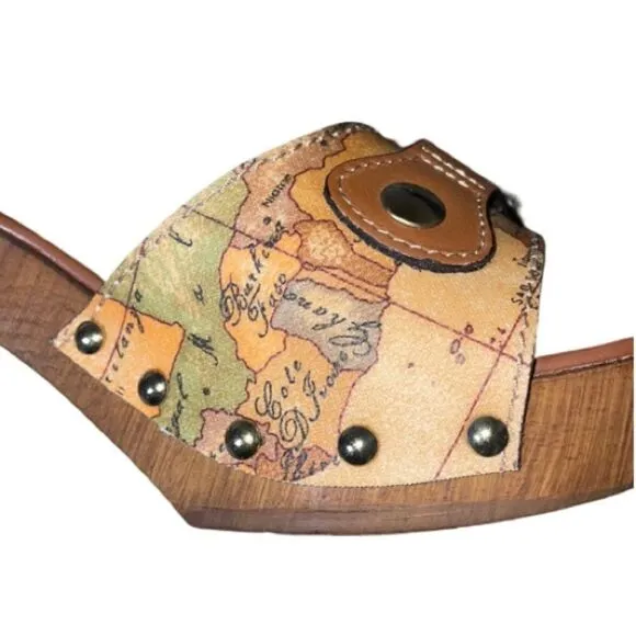 Alviero Martini Tilasse Geo World Map Print Platform Mule Leather Clog Sz 8