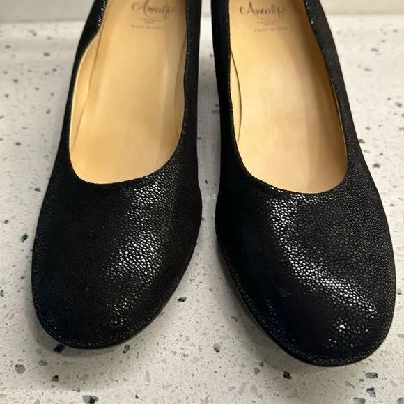 Amalfi by Rangoni Firenzie Black Leather Block Heel Pumps Made in Italy Size 12M