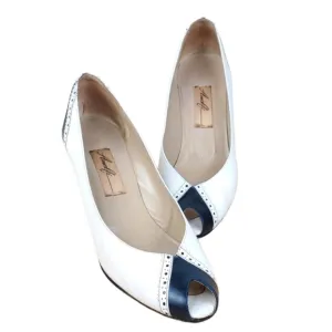 Amalfi Vintage White Heels with Navy Blue Peep Toes Size 9 AAA