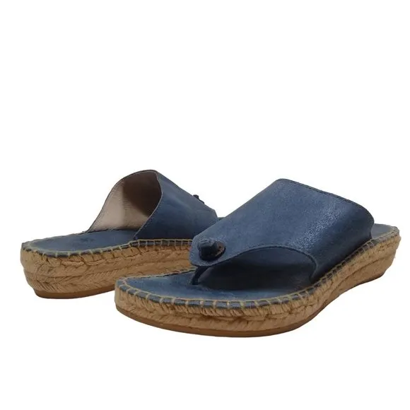 Andre Assous Women's Thong Espadrille Wedge Blue Leather Open Toe Sandals 8.5