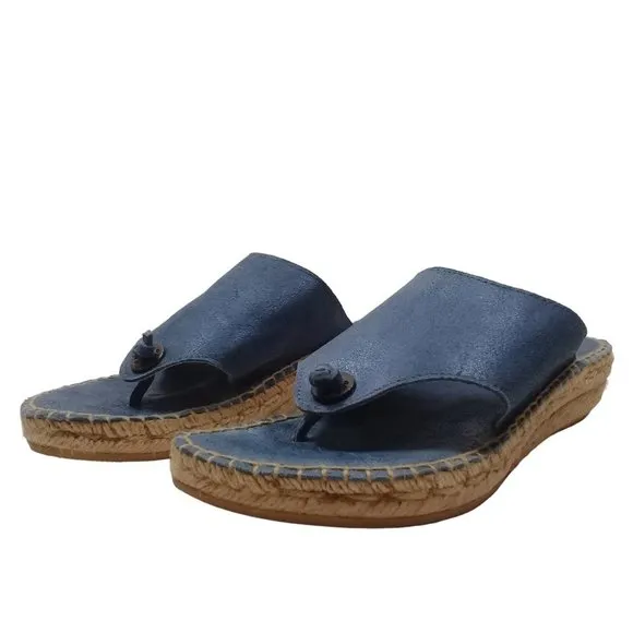 Andre Assous Women's Thong Espadrille Wedge Blue Leather Open Toe Sandals 8.5