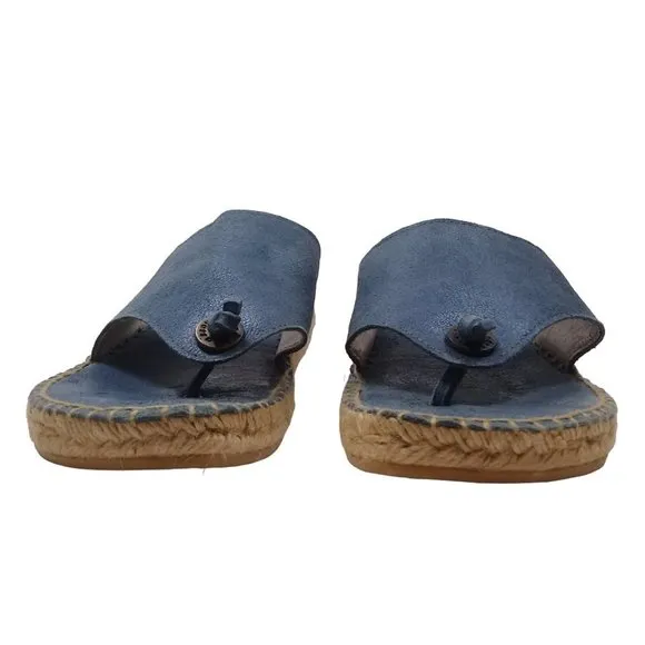 Andre Assous Women's Thong Espadrille Wedge Blue Leather Open Toe Sandals 8.5
