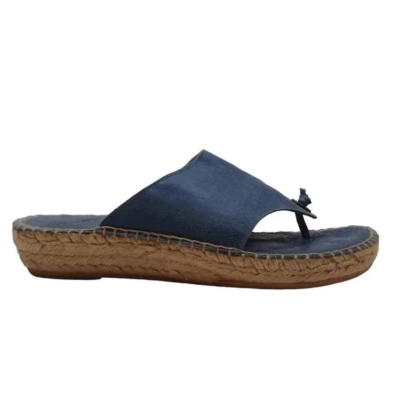 Andre Assous Women's Thong Espadrille Wedge Blue Leather Open Toe Sandals 8.5