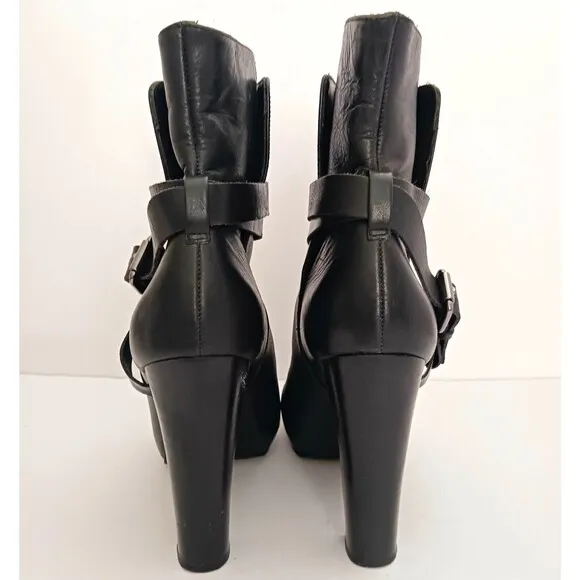 Animale Brazil Blk Leather Platform Ankle Boot Harness Strap High Block Heel  37
