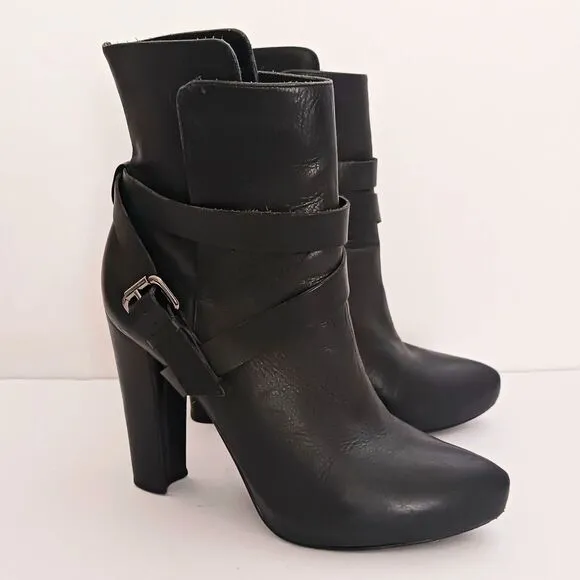 Animale Brazil Blk Leather Platform Ankle Boot Harness Strap High Block Heel  37