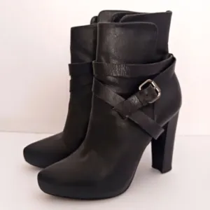 Animale Brazil Blk Leather Platform Ankle Boot Harness Strap High Block Heel  37