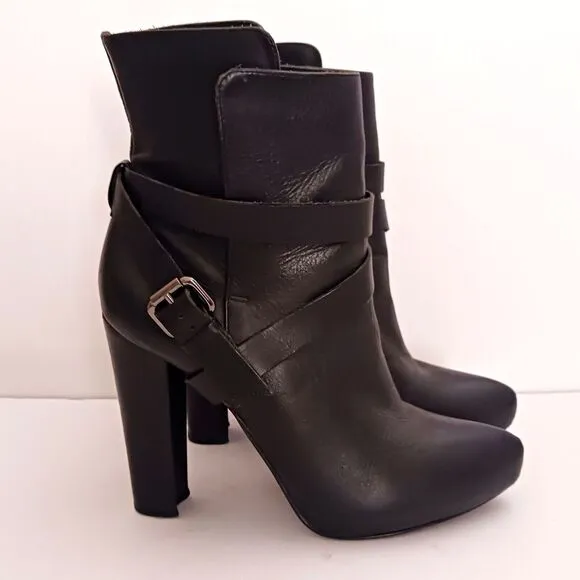 Animale Brazil Blk Leather Platform Ankle Boot Harness Strap High Block Heel  37