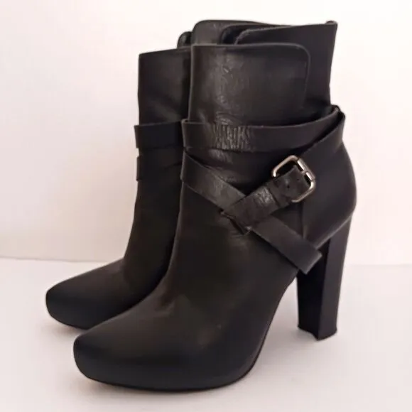 Animale Brazil Blk Leather Platform Ankle Boot Harness Strap High Block Heel  37