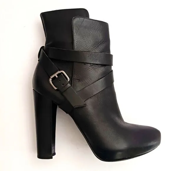 Animale Brazil Blk Leather Platform Ankle Boot Harness Strap High Block Heel  37