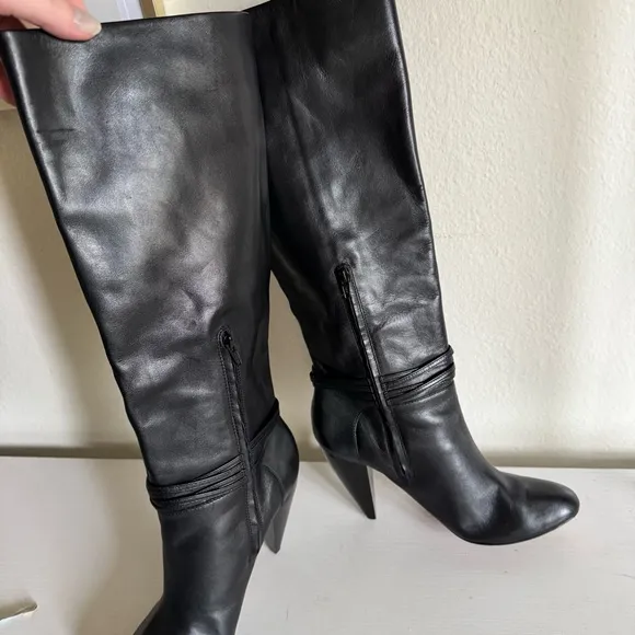 Ann Taylor | Leather Ankle Wrap Cone Heel Knee Boots