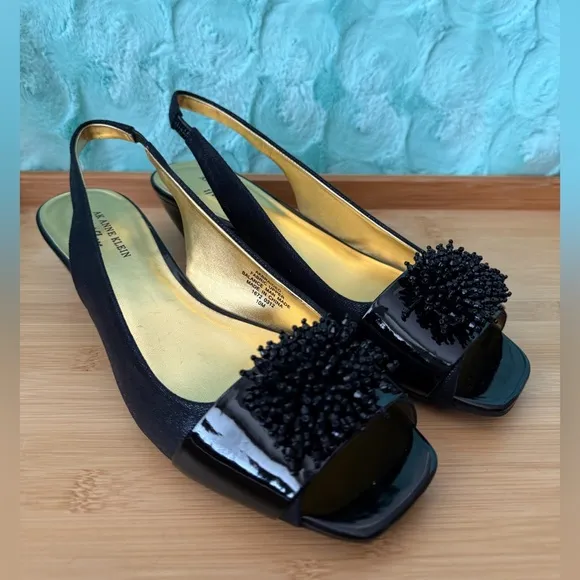 Anne Klein Black Slingback Peep Toe Career Modest Beaded Square Office Heels 10