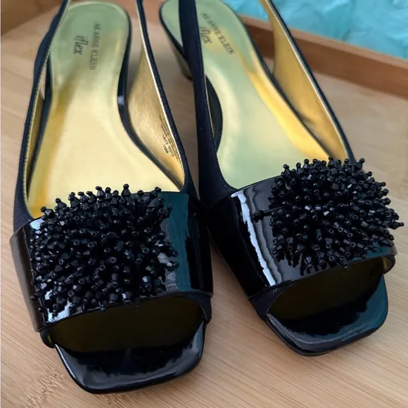 Anne Klein Black Slingback Peep Toe Career Modest Beaded Square Office Heels 10