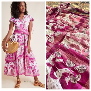 Anthropologie Banjanan pink and white wrap dress maxi cotton tiered ruffle XS