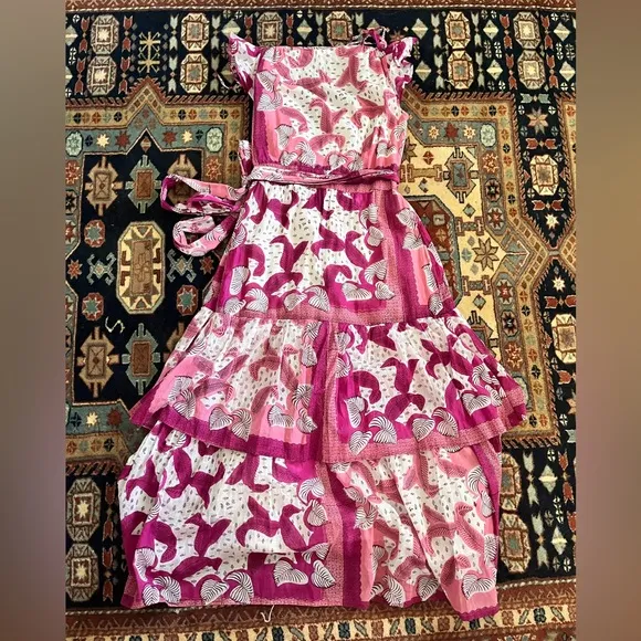 Anthropologie Banjanan pink and white wrap dress maxi cotton tiered ruffle XS