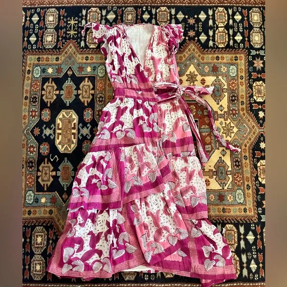 Anthropologie Banjanan pink and white wrap dress maxi cotton tiered ruffle XS