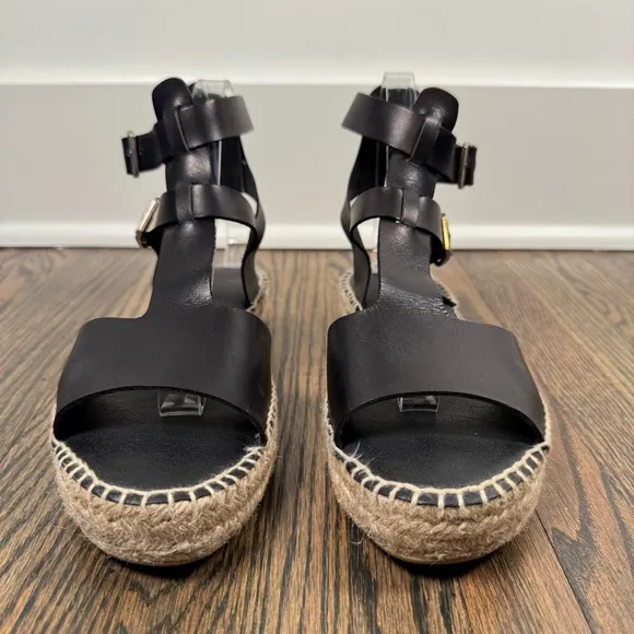 Anthropologie Clio Black Leather Flatform Espadrille Sandals size 39/9