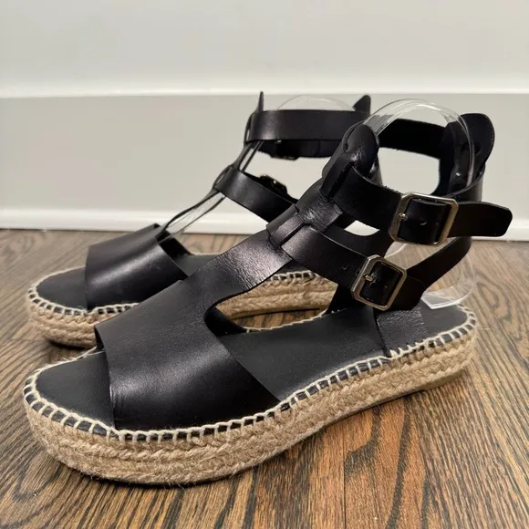 Anthropologie Clio Black Leather Flatform Espadrille Sandals size 39/9