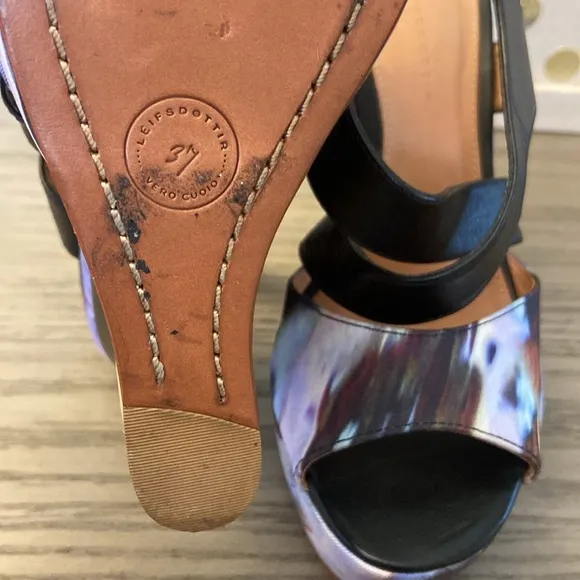 Anthropologie LEIFSDOTTIR Multi Color Curved  Leather Wedge Platform Sandals 37