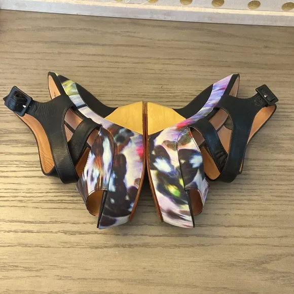 Anthropologie LEIFSDOTTIR Multi Color Curved  Leather Wedge Platform Sandals 37