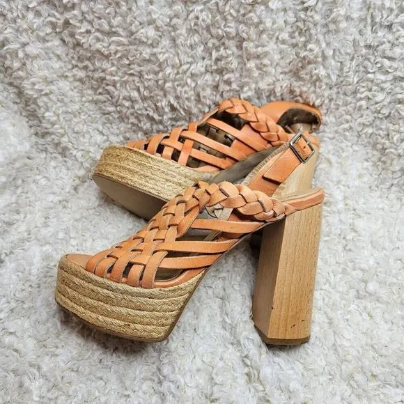 Anthropologie Ouigal Leather Basket Weave Espadrille Platform Sandals sz 37‎