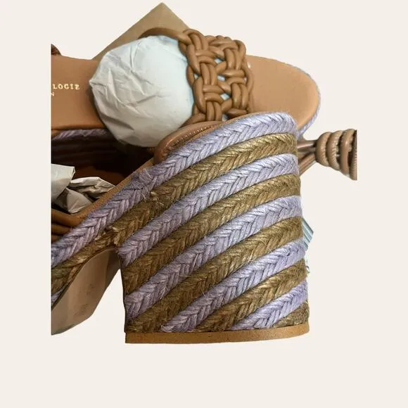 Anthropologie Raffia Purple Brown Woven Espadrille Platform Lace Up Sandals 9