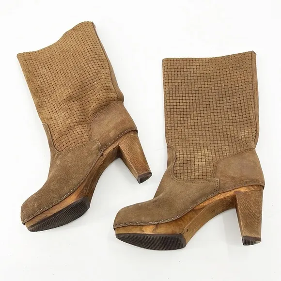 Anthropologie Sanita Lola Mae camel suede Clog Boots Perforated size 37 US 6