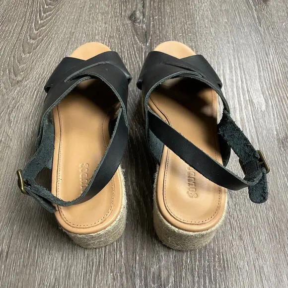 Anthropologie Soludos Amalfi Platform Espadrille Leather Sandal Heels Black 8.5
