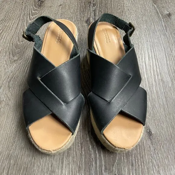 Anthropologie Soludos Amalfi Platform Espadrille Leather Sandal Heels Black 8.5