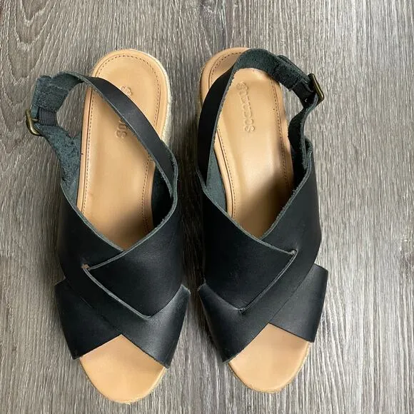 Anthropologie Soludos Amalfi Platform Espadrille Leather Sandal Heels Black 8.5