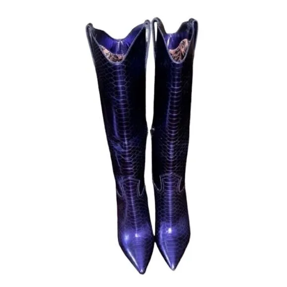 Antonio Melani Metallic Lavender SnakePrint Leather Western Tall Boots(Size 6M)