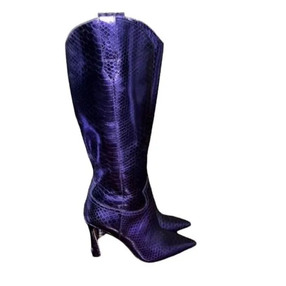 Antonio Melani Metallic Lavender SnakePrint Leather Western Tall Boots(Size 6M)