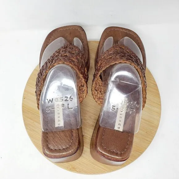 Apostrophe Sandals Womens 7.5 Platform Woven Brown Leather Thong Chunky Y2K Shoe