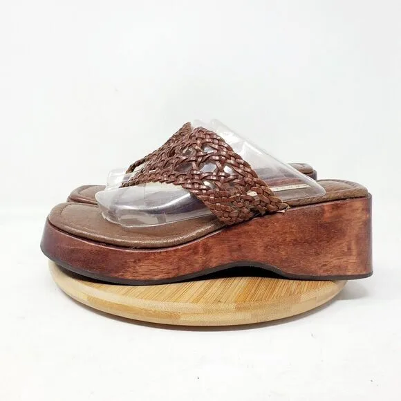 Apostrophe Sandals Womens 7.5 Platform Woven Brown Leather Thong Chunky Y2K Shoe