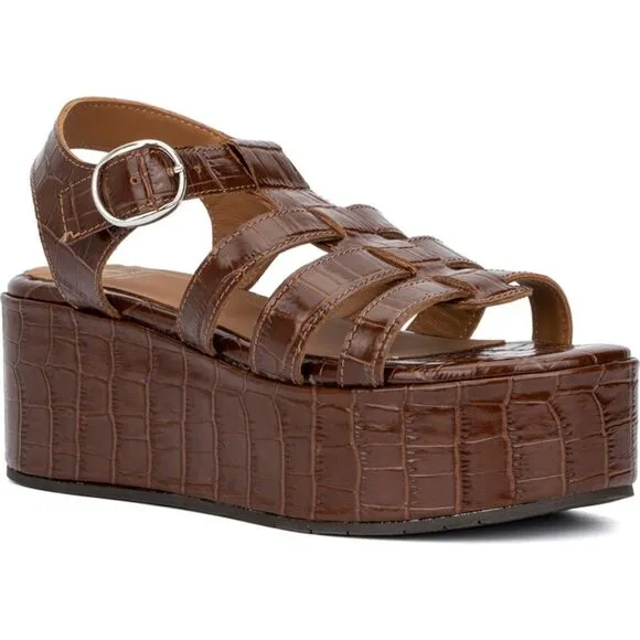 AQUATALIA &quot;Dafne&quot; Croco Platform Brown Fisherman Sandals, NEW! Size 9.5