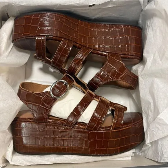 AQUATALIA &quot;Dafne&quot; Croco Platform Brown Fisherman Sandals, NEW! Size 9.5