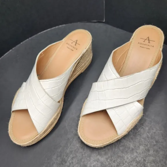 Aquatalia sandals women's 9 white leather Marina wedge espadrille croc embossed