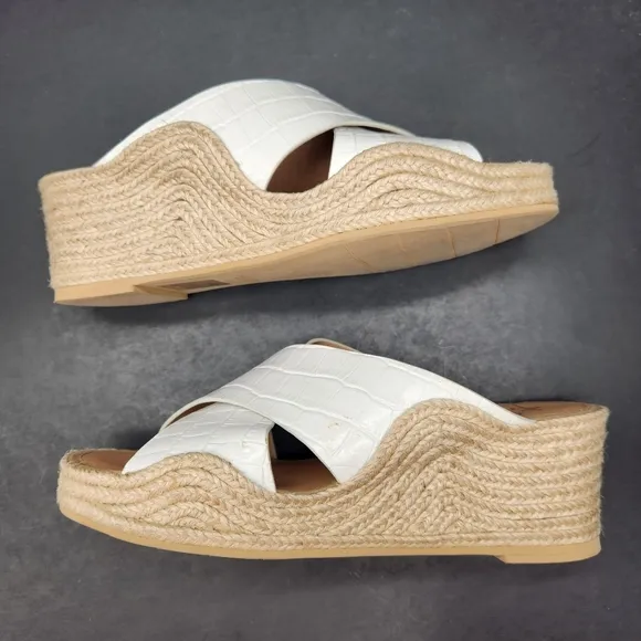 Aquatalia sandals women's 9 white leather Marina wedge espadrille croc embossed