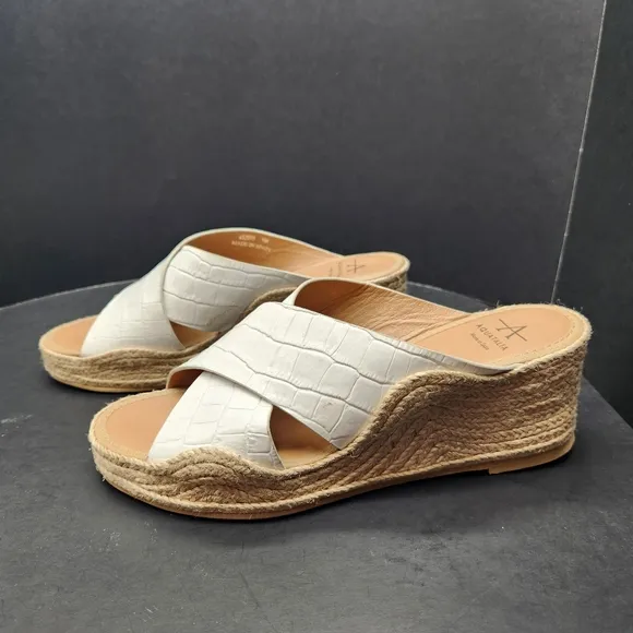 Aquatalia sandals women's 9 white leather Marina wedge espadrille croc embossed