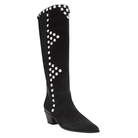 Arezzo Women's Hazel Leather Low Block Pointed Toe Boots Black Black Size 6