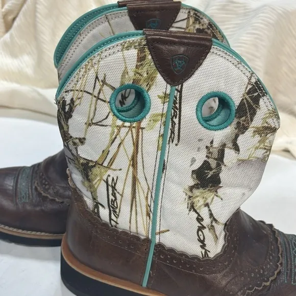 ARIAT FATBABY Cowboy Boots Women's Size 7.5 Blue leather Camo Brown Western