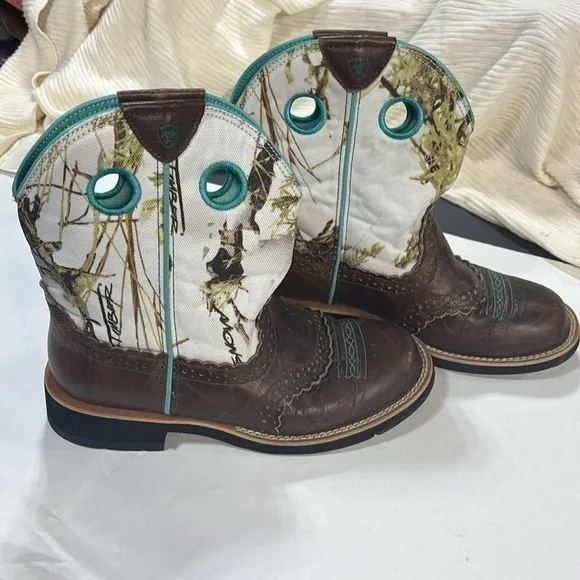 ARIAT FATBABY Cowboy Boots Women's Size 7.5 Blue leather Camo Brown Western