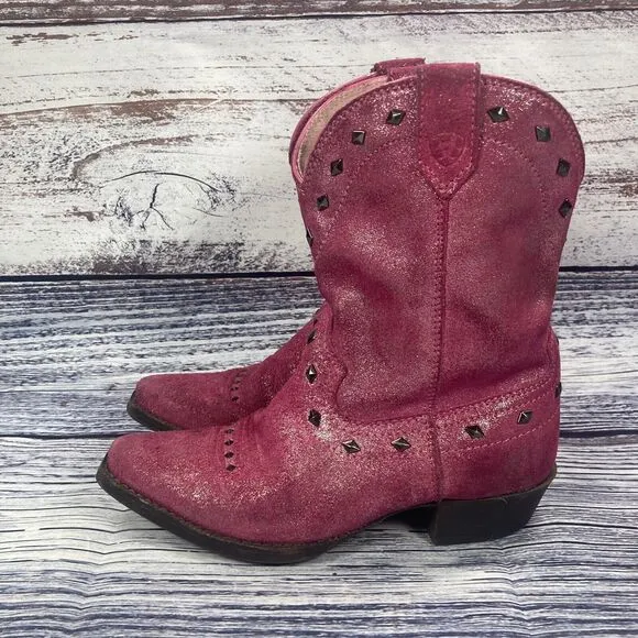 Ariat Nashville Pink Leather Suede Studded Western Cowgirl Boots Shoes, size 2.5