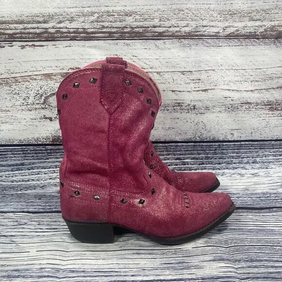 Ariat Nashville Pink Leather Suede Studded Western Cowgirl Boots Shoes, size 2.5