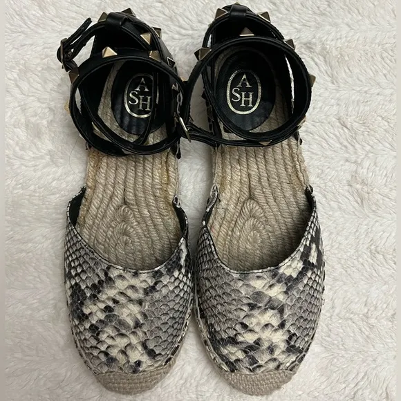 ASH Black and Tan w/gold stud accents Espadrille Sandals in excellent condition