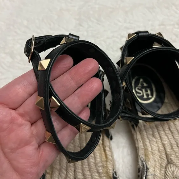 ASH Black and Tan w/gold stud accents Espadrille Sandals in excellent condition