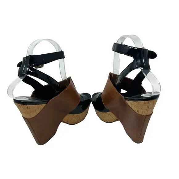 ASH Roma Platform Wedge Heel Sandals Black Patent Cognac Leather Size 38 US 7