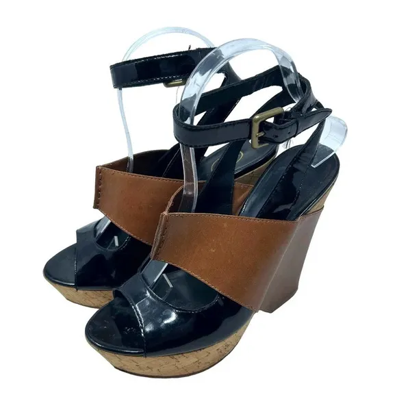 ASH Roma Platform Wedge Heel Sandals Black Patent Cognac Leather Size 38 US 7