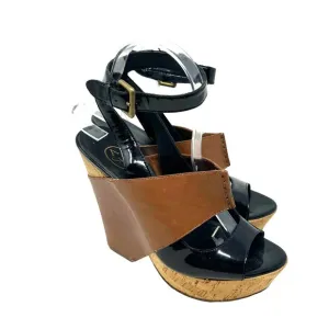 ASH Roma Platform Wedge Heel Sandals Black Patent Cognac Leather Size 38 US 7