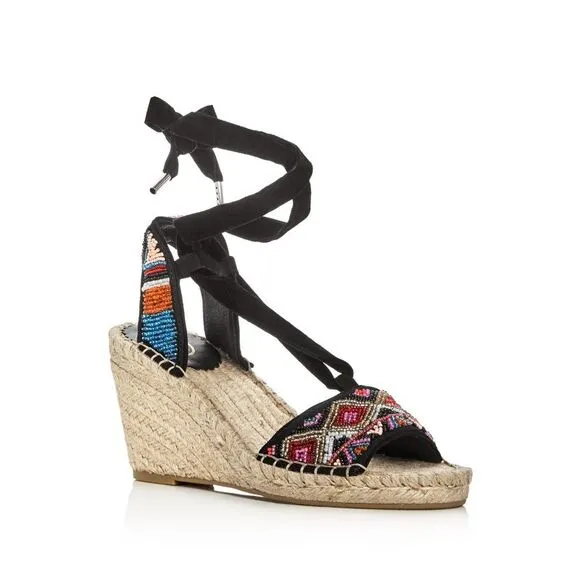 ASH Womens Black 1&quot; Platform Beaded Paola Wedge Lace-Up Espadrille Shoes 35