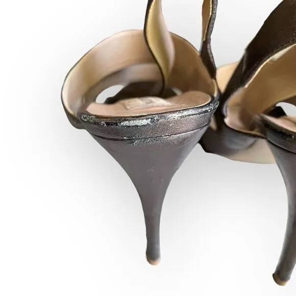 AUTH Valentino Garavani Bronze Metallic Strappy High Heel Slingback Shoes 41